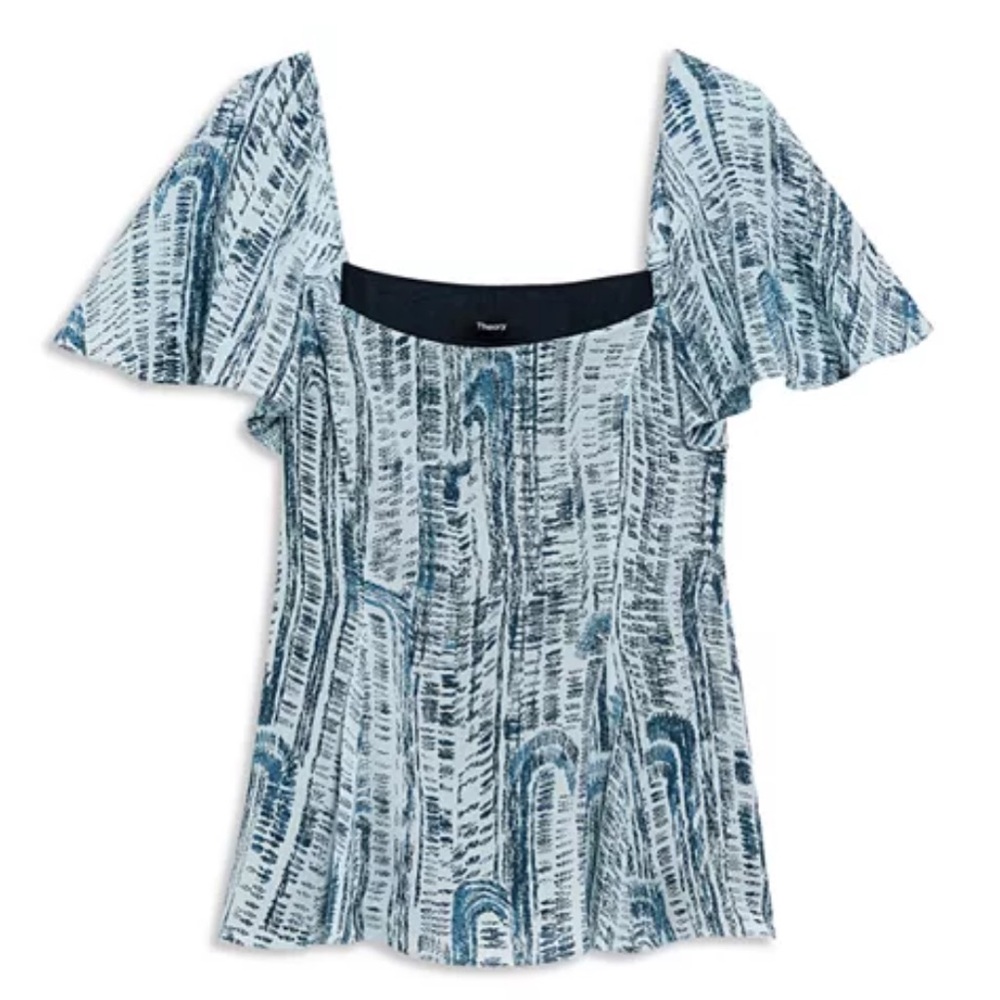 Theory 100% Silk Print Godet Pleat Top Size 0 NEW Lined Flowy Luxury Chic Blouse